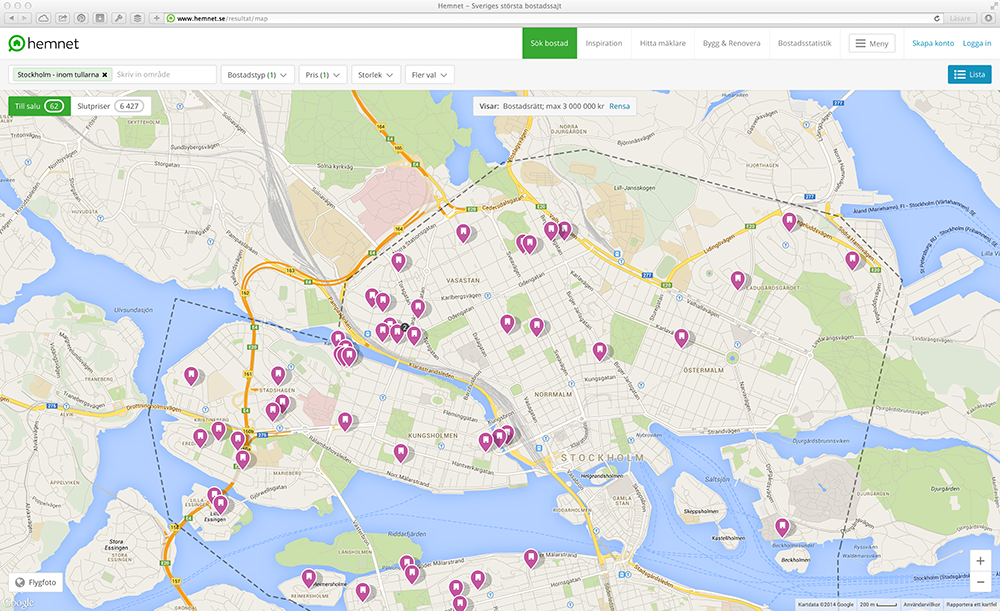 The new fullscreen map search on Hemnet.se